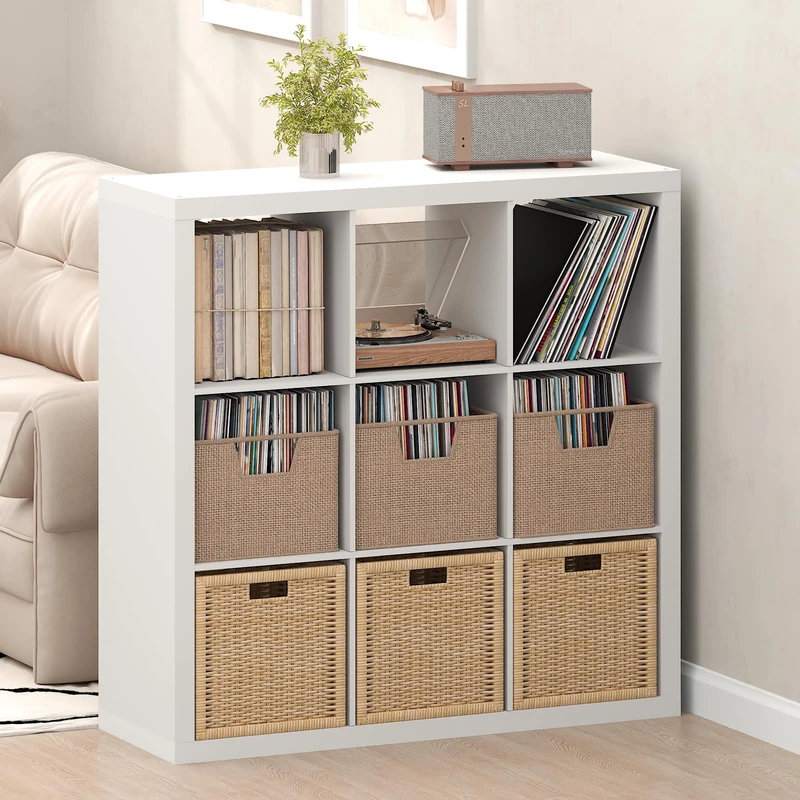 Furinno CUBICLE Record Player Stand with Vinyl Storage, 9-Cube 1.8 Triple Thick Vinyl Record Storage, Open Back Media Shelf for CD DVD Blueray Game Disc, for Living Room, Home Office, White