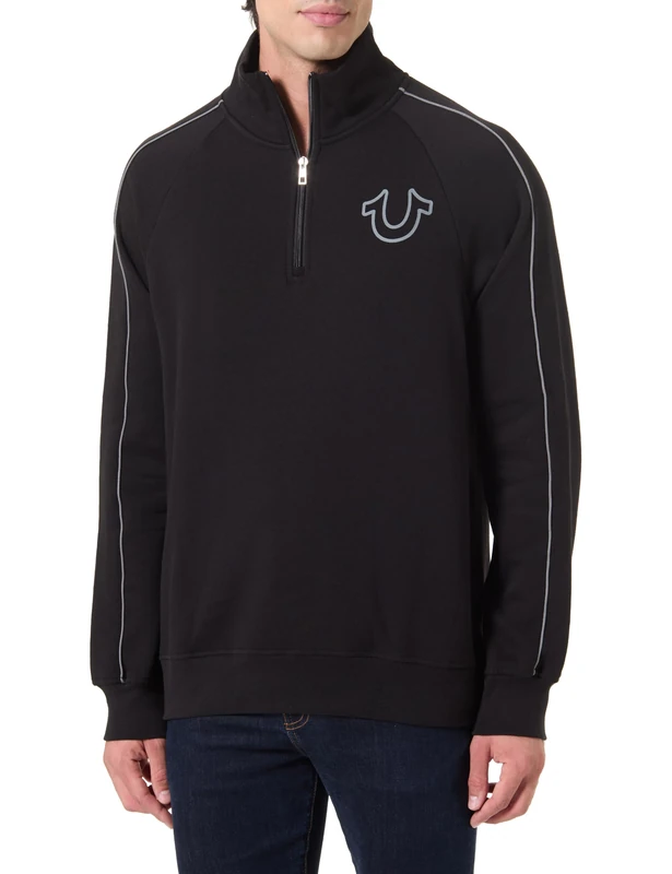 True Religion Men's Quarter Zip Track Pullover, Black, S