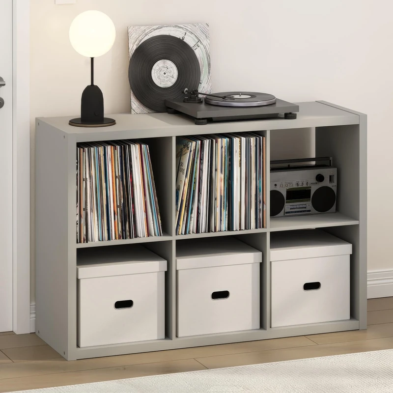 Furinno CUBICLE Record Player Stand with Vinyl Storage, 6-Cube 1.2 Extra Thick Vinyl Record Storage, Open Back Media Shelf for CD DVD Blueray Game Disc, for Living Room, Home Office, Light Grey