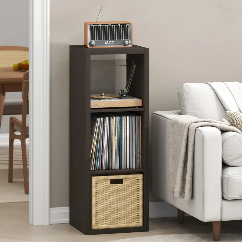 Furinno CUBICLE Record Player Stand with Vinyl Storage, 3-Cube 1.2 Extra Thick Vinyl Record Storage, Open Back Media Shelf for CD DVD Blueray Game Disc, for Living Room, Home Office, Black Dark Oak