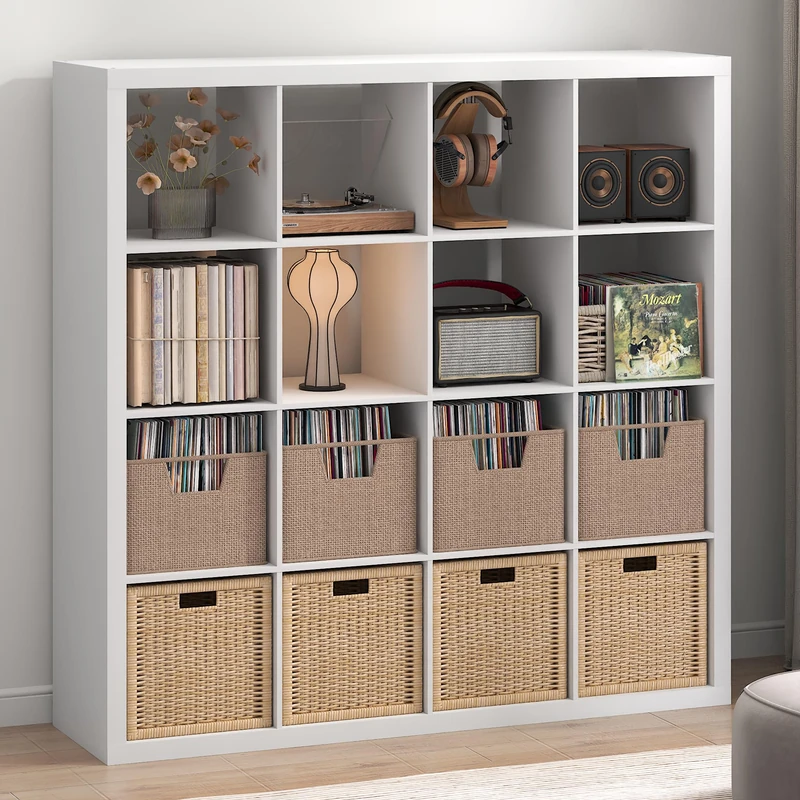 Furinno CUBICLE Record Player Stand with Vinyl Storage, 16-Cube 1.8 Triple Thick Vinyl Record Storage, Open Back Media Shelf for CD DVD Blueray Game Disc, for Living Room, Home Office, White - Image 1