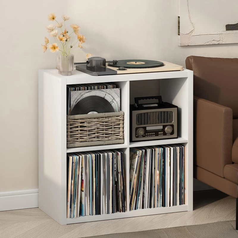 Furinno CUBICLE Record Player Stand with Vinyl Storage, 4-Cube 1.2 Extra Thick Vinyl Record Storage, Open Back Media Shelf for CD DVD Blueray Game Disc, for Living Room, Home Office, White