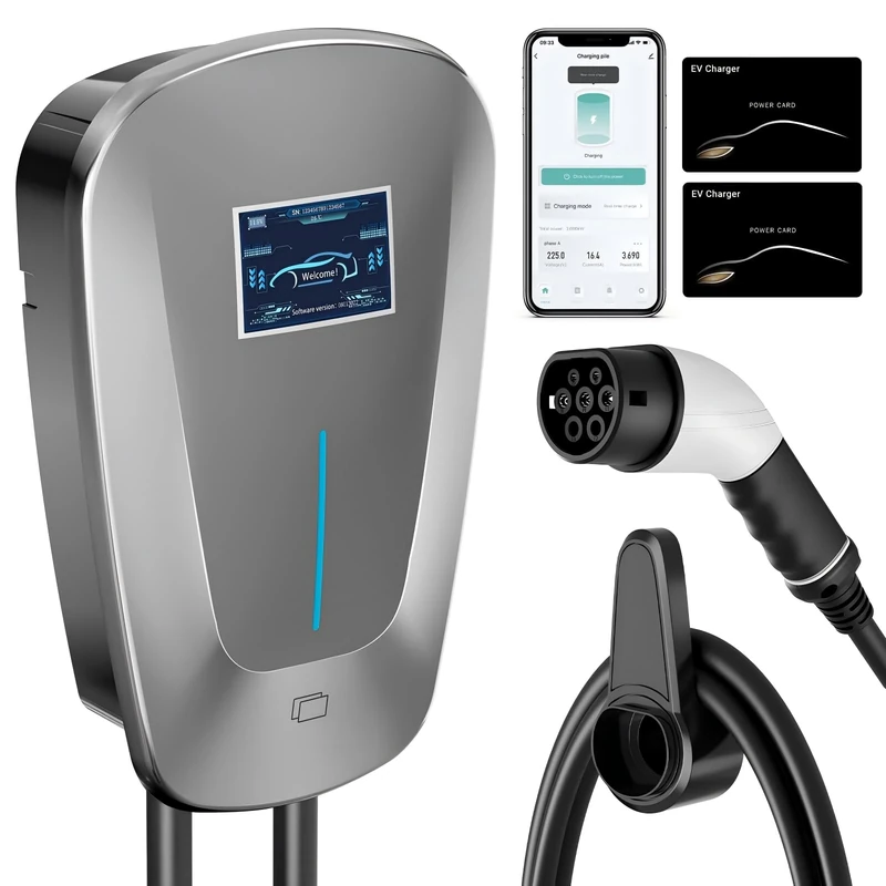 7KW 32Amp Wallbox EV Charger Type 2 Charger Cable Home Charging Station for Electric Vehicle/PHEV, Smart Type 2 EV Charging Cable, Electric Car Charger 5 Metre, RFIC Card/App Contol, Gray