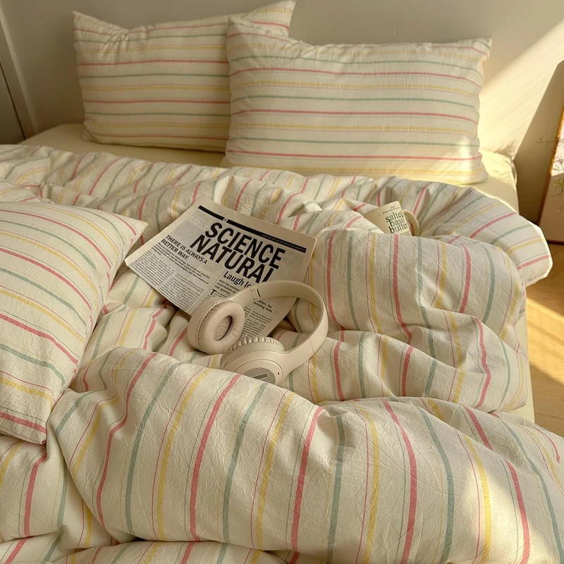 EAVD Colorful Striped Duvet Cover King Soft 100% Cotton Vintage Pink Green Yellow Stripes Printed Bedding Set with 2 Pillowcases Retro Reversible Geometric Comforter Cover with Zipper Corner Ties