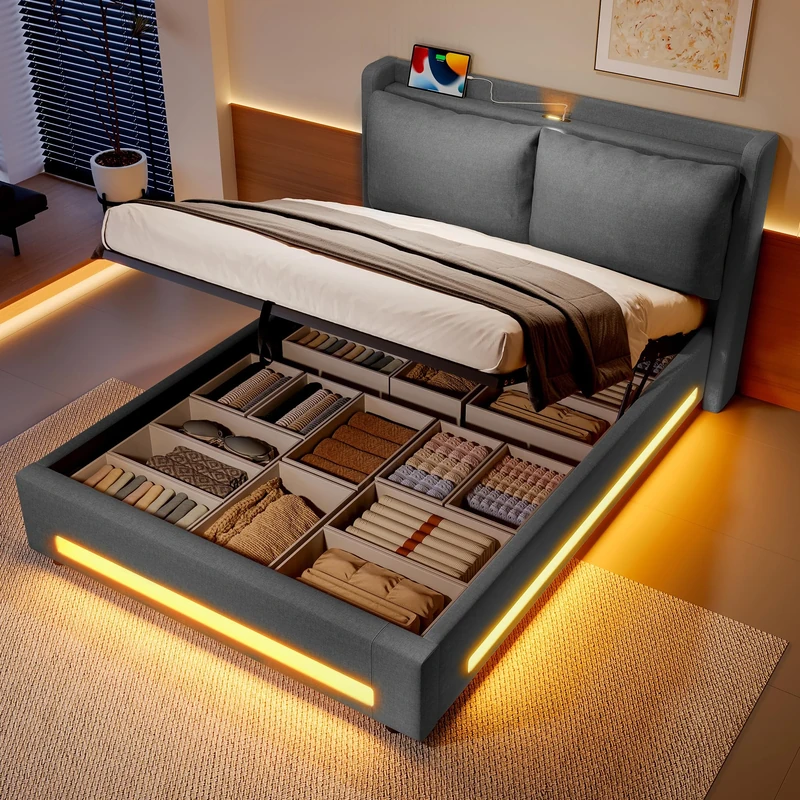 Ball & Cast 5ft King size bed frame with storage 150×200 cm with storageand LED Lights, Upholstered Platform Bed frame with Under-bed Storage, No Box Spring Needed, Dark Gray Velvet