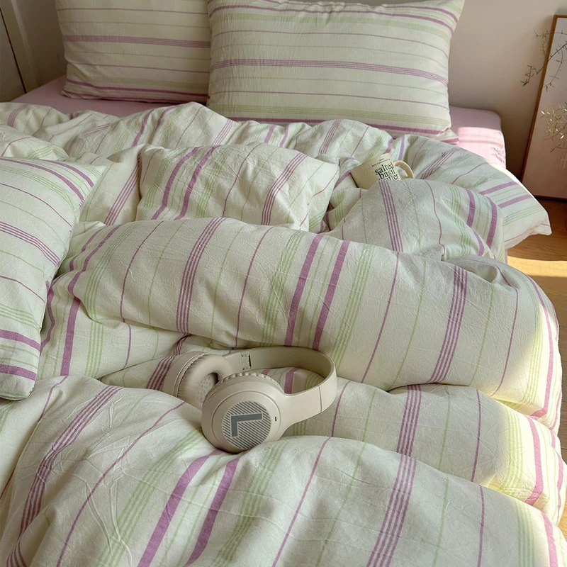 EAVD Vintage Style Striped Duvet Cover Queen Size Soft 100% Cotton Green Purple Stripes Printed Bedding Set with 2 Pillowcases Reversible Farmhouse Geometric Pattern Duvet Cover with Zipper
