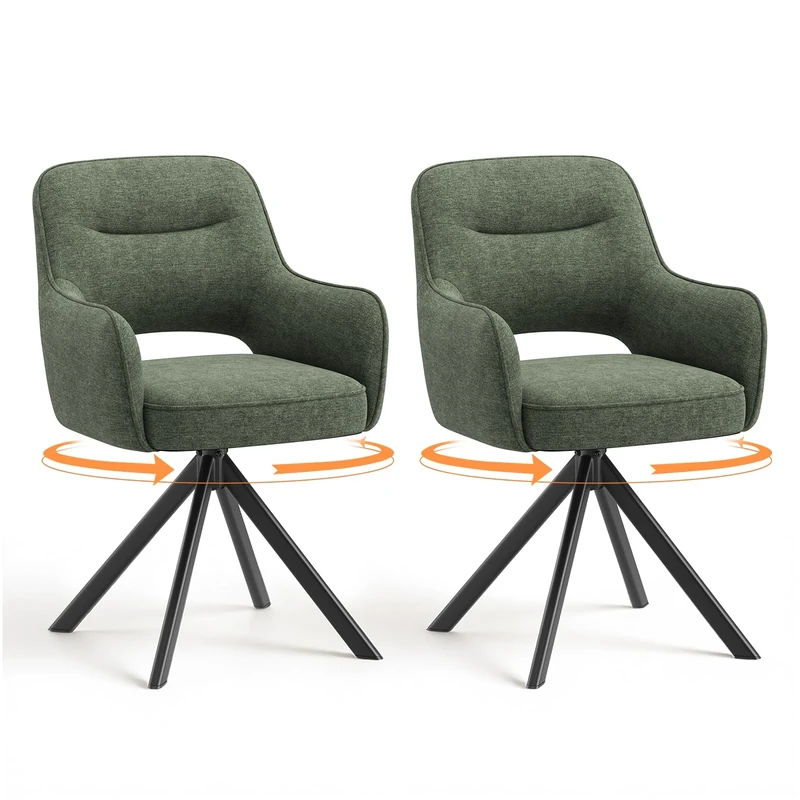 COLAMY 360°Swivel Dining Chairs Set of 2, Fabric Chairs for Dining Room with Armrests, Hollow Backrest and Thick Seat Cushion, Kitchen Chair with Anti-Slip Pads, armchairs for living Room, Green