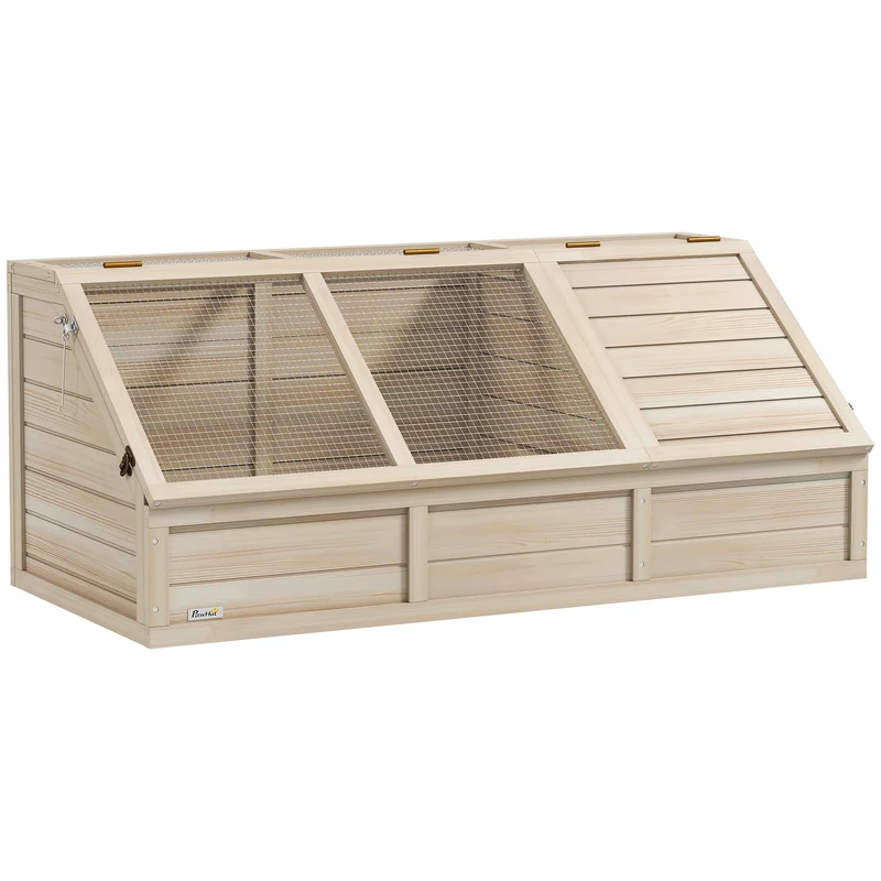 PawHut Wooden Turtle House, Outdoor Run for Small Animals with Opening Lid, Latches and 2 Separate Spaces, Without Bottom, 120 x 55 x 50 cm, Natural Wood - Image 1