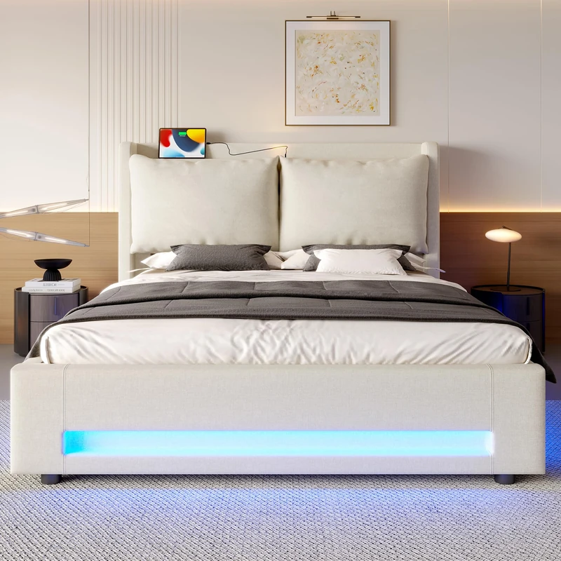 Ball & Cast 6ft Super king bed frame with storage 180×200 cm with storageand LED Lights, Upholstered Platform Bed frame with Under-bed Storage, No Box Spring Needed, Beige Velvet