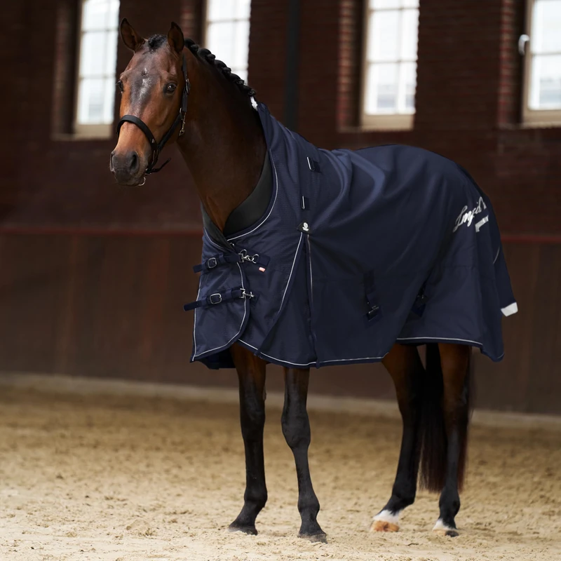 Imperial Riding IRH Super-Proof Outdoor Blanket, 100 g, 1200D Ripstop Nylon, Waterproof & Breathable, Neck Piece, Kick Pleats & Padding, Robust Transition Blanket, Horses, Navy, 145