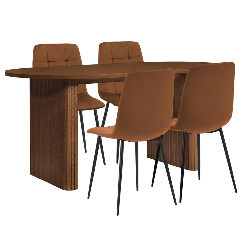 Birlea Axel Oval Fluted Dining Table Walnut With 4 Fabric Chairs Russet