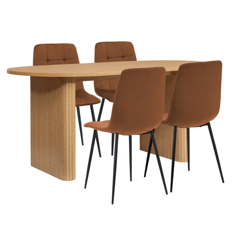 Birlea Axel Oval Fluted Dining Table Oak With 4 Fabric Chairs Russet