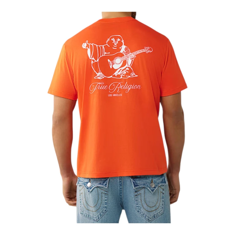 True Religion Men's Filled Horseshoe Script Buddha Tee, Orange, XL