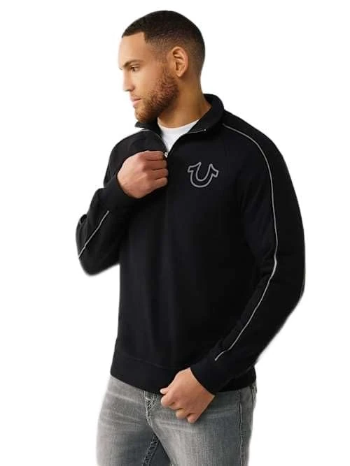 True Religion Men's Quarter Zip Track Pullover, Black, L