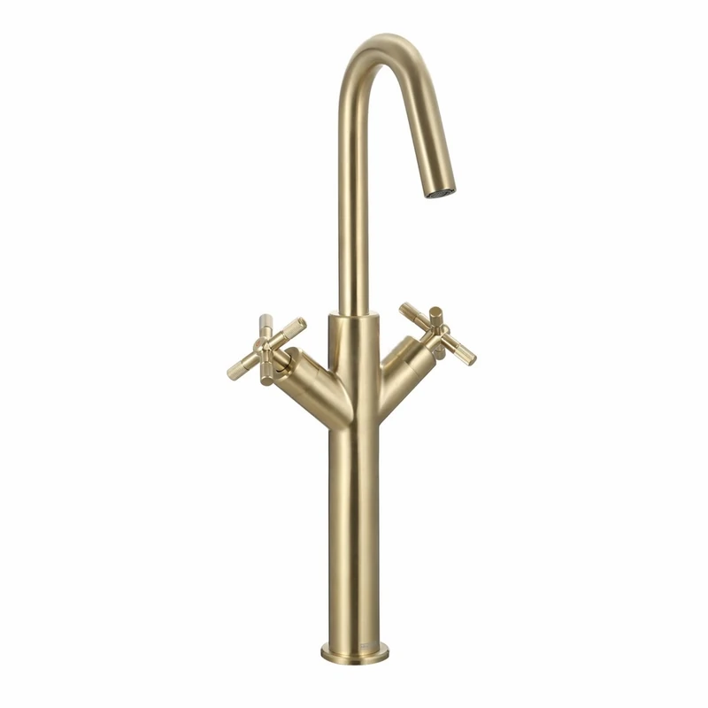 Bristan Cruzar Tall Basin Mixer Tap with Water-Saving Feature, Deck Mounted Bathroom Tap, Brushed Brass Finish