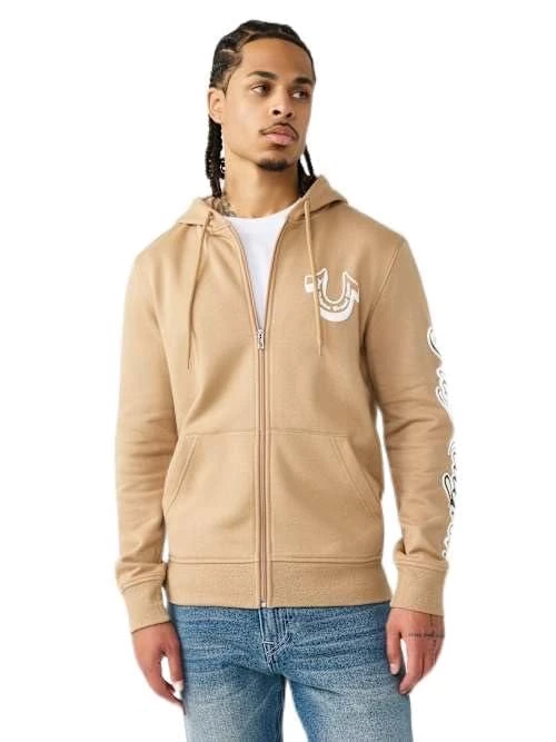 True Religion Men's Diagonal Zip Hoodie, Beige, L