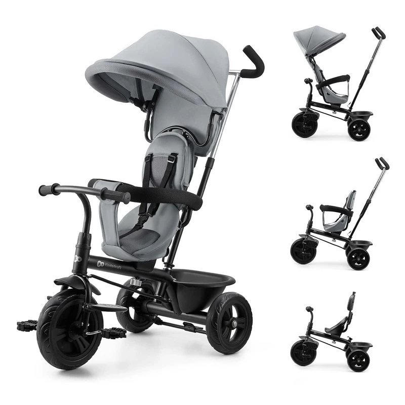 Kinderkraft FREEWAY 2, Baby Trike, 360° Swivel Seat, Freewheel Function, 3-Point Harness, Central Brake, 9 Months to 5 Years, Grey