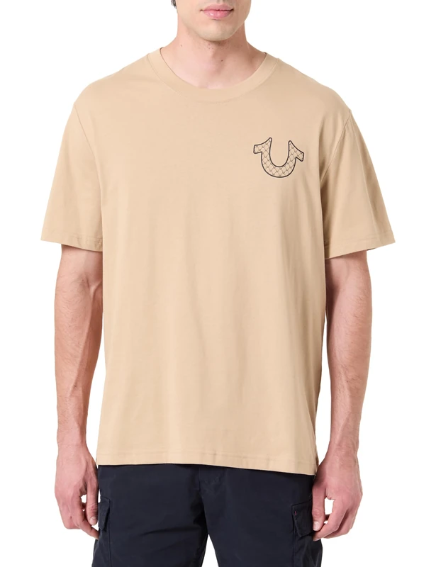 True Religion Men's Filled Horseshoe Script Buddha Tee, Beige, M - Image 1