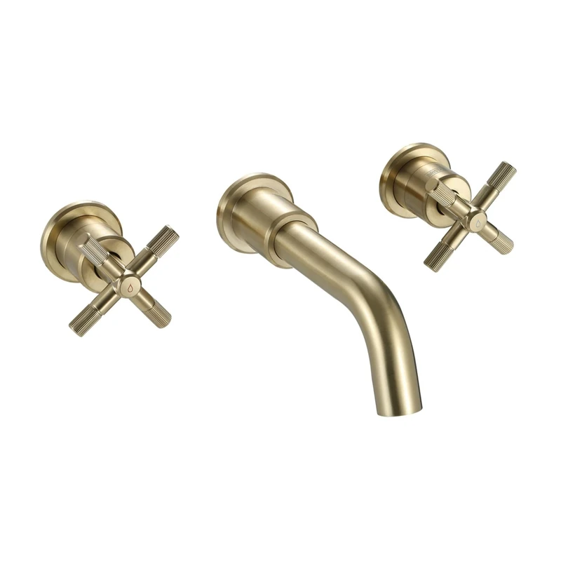 Bristan Cruzar 3 Tap Hole Wall Mounted Basin Mixer Tap with Water-Saving Feature, Brushed Brass Finish - Image 1