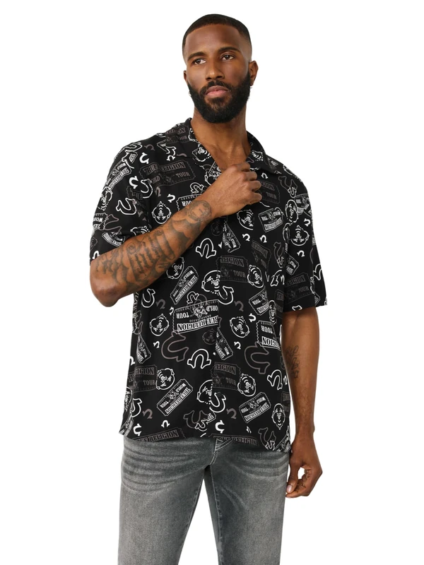 True Religion Men's Ticket All Over Print Camp Shirt, Black, XXL