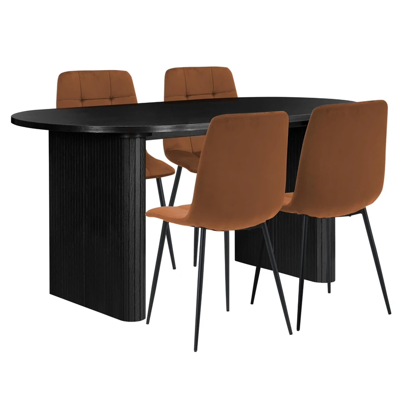 Birlea Axel Oval Fluted Dining Table Black With 4 Fabric Chairs Russet