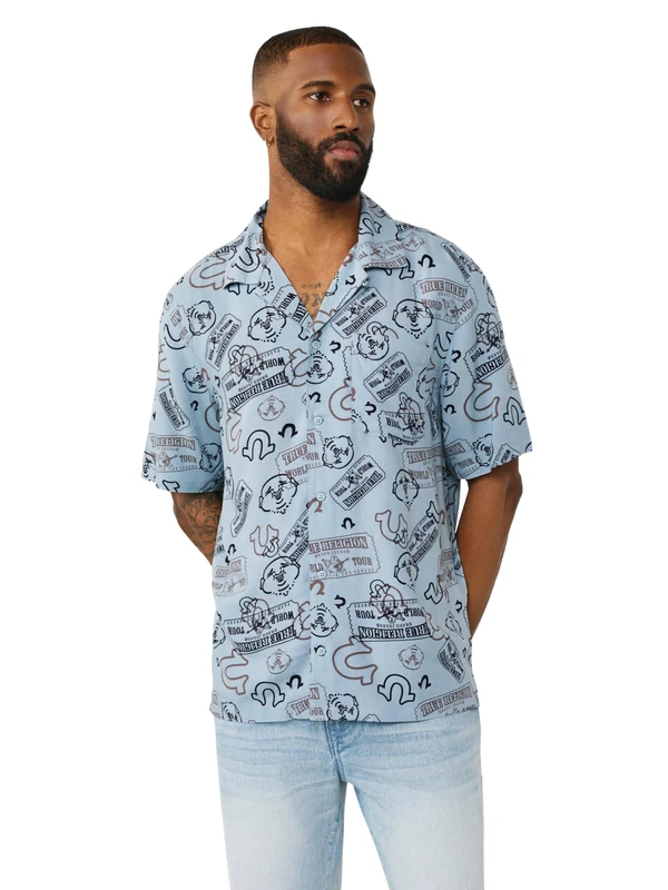 True Religion Men's Ticket All Over Print Camp Shirt, Blue, S