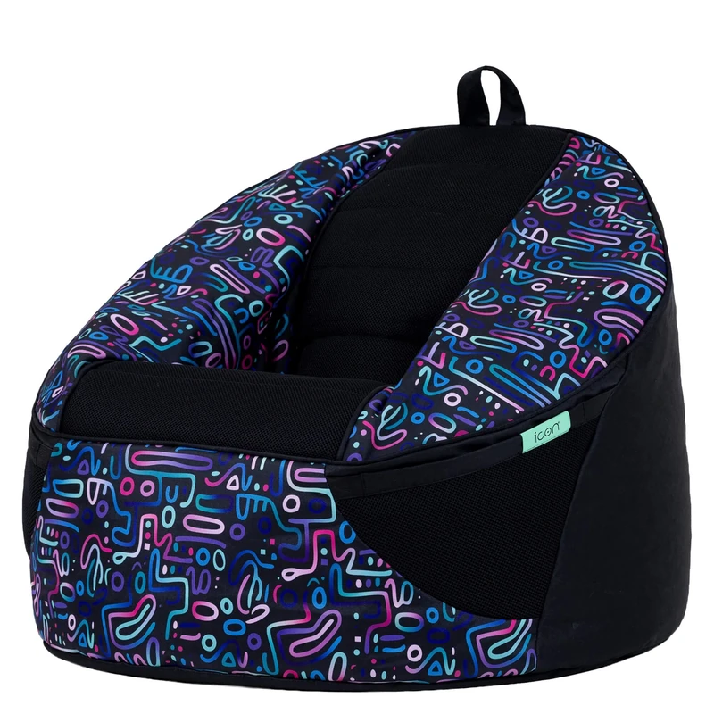icon Alpha Kids Bean Bag, Retro Doodle Print, Gaming Chair for Kids, Bean Bag with Filling Included for Girls and Boys, Beanbags for Children, Gamer Gifts, Gaming Room, Bedroom Accessories
