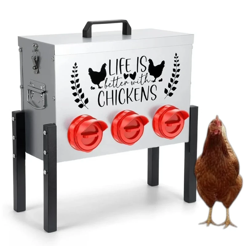Nicoman Metal Chicken Feeder Box, 6-Port Feed Dispenser with Stand, Portable Poultry Feed Storage Container