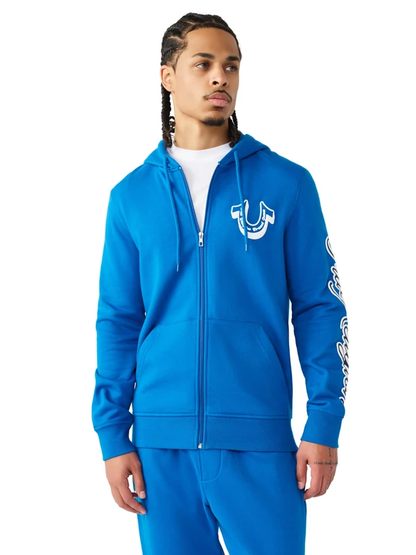 True Religion Men's Diagonal Zip Hoodie, Blue, XL
