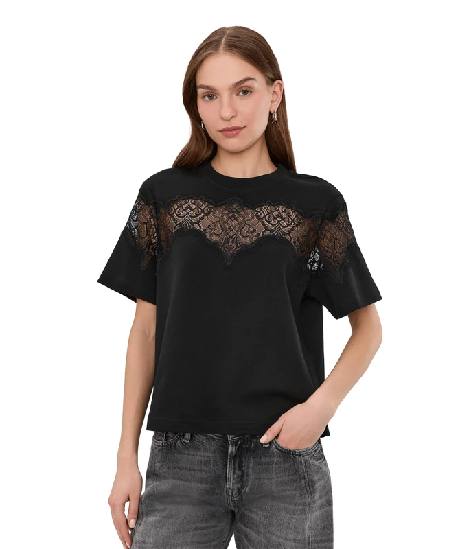 Allsaints Women's Lisa lace tee,Black, Medium