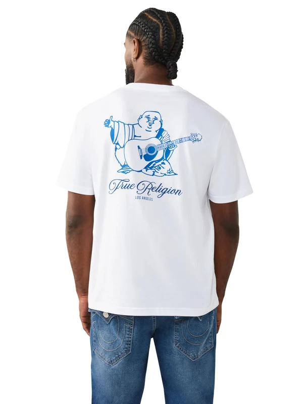 True Religion Men's Filled Horseshoe Script Buddha Tee, White, M