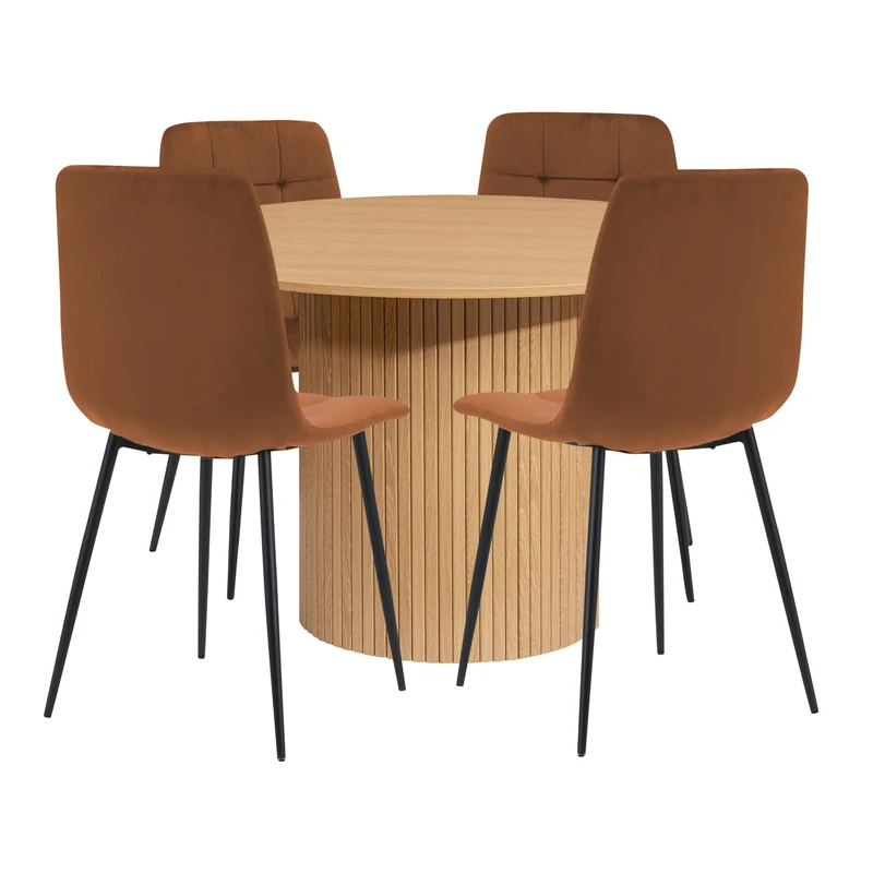 Birlea Axel Round Fluted Dining Table Oak With 4 Fabirc Chairs Russet