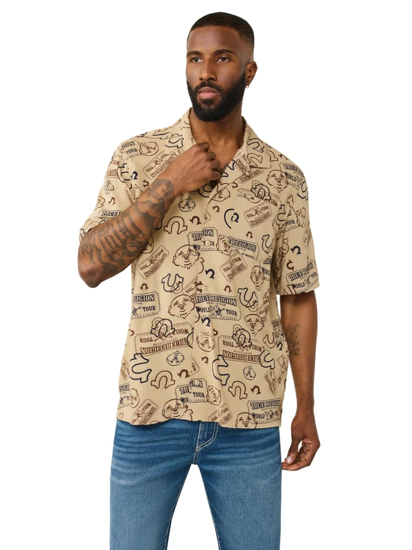 True Religion Men's Ticket All Over Print Camp Shirt, Beige, XXL