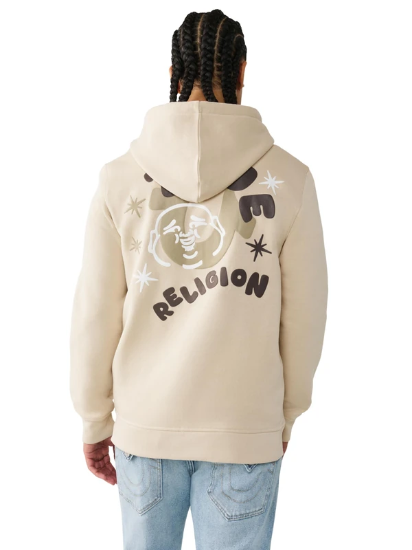 True Religion Men's Puff Buddha Hoodie, Beige, M