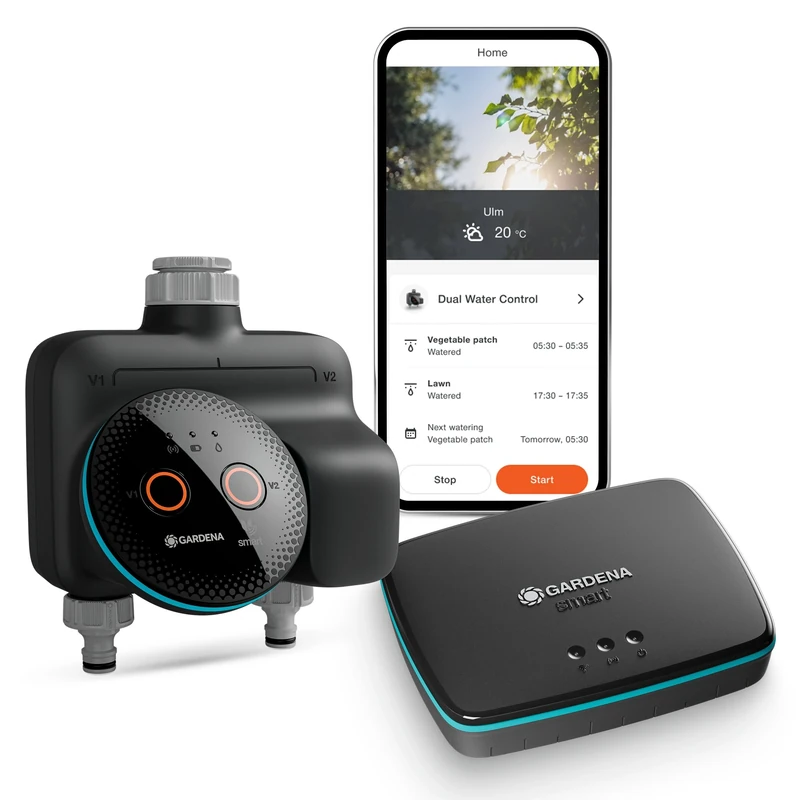 GARDENA smart Dual water control set Water Control; smart: Data-driven irrigation, Smart home integration, For two independent garden spaces, valve technology (19044-20)
