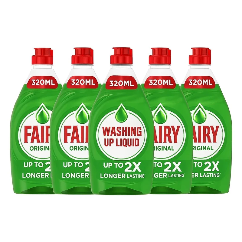5 x Fairy Original Washing Up Liquid 320ml Bottles – Concentrated Powerful Grease-Cutting Dishwashing Liquid with Long-Lasting Fresh Scent – Gentle on Hands Kitchen Cleaning Essential + Epished Guides