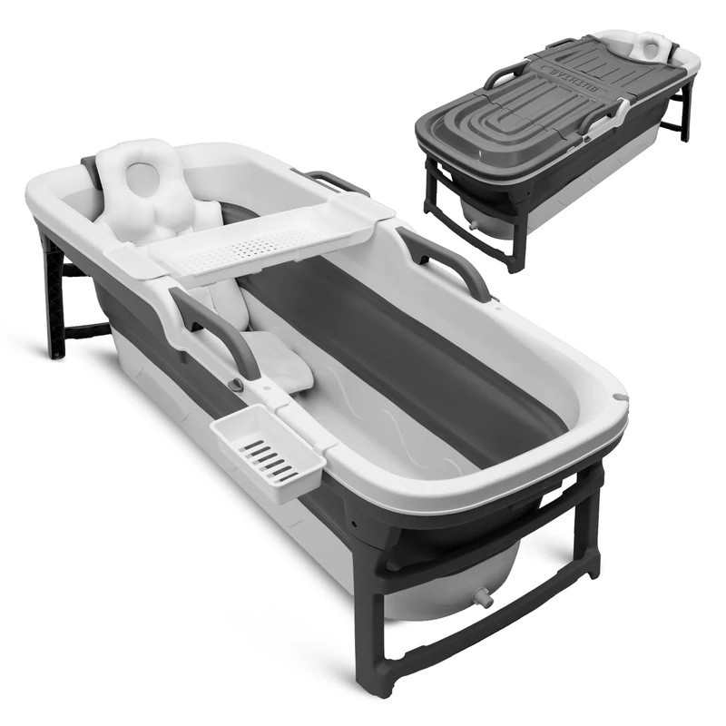 SereneLife Portable Bathtub for Adults - Folding Collapsible Bath Tub for Hot Bath or Ice Bath, Large Foldable Freestanding Portable Spa Tub with LED Light, Cushion, Tray & Drain Hose, Grey - Image 1