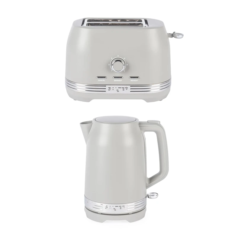 Salter Rise Kettle & 2-Slice Toaster Set – 1.7L 3000W Rapid Boil Kettle & 800W Toaster with 7 Browning Levels, Defrost, Reheat & Cancel Functions, Matte Taupe Finish
