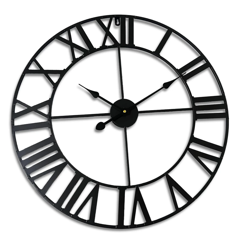 Relaxdays wall clock, Roman numerals, Ø 60 cm, battery-powered wall clock, analogue kitchen clock, iron, black