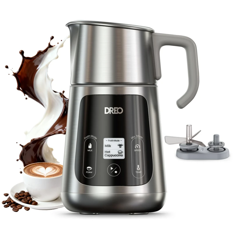 DREO All in 1 Electric Milk Frother [Upgraded], Automatic Milk & Hot Chocolate Maker, Silent Frother for Latte Art Microfoam, Cappuccino, 30+ Drinks, Easy to Clean, Dishwasher Safe, LED Display