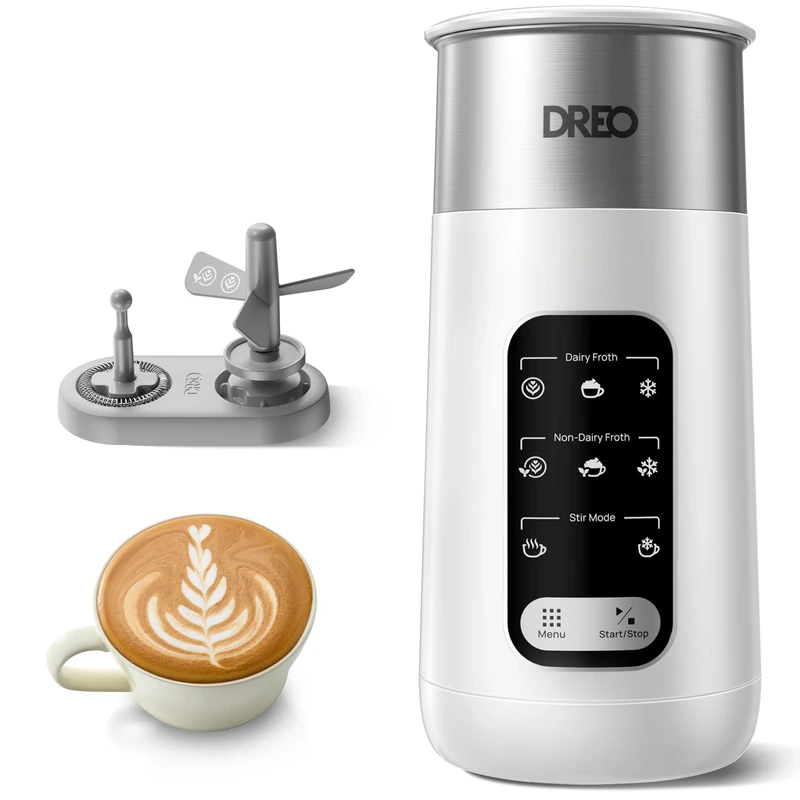 DREO Milk Frother, 8-in-1 Electric Milk Frother for Latte Art Coffee, 14oz/435ml Hot and Cold Foam Maker, Automatic Milk Warmer for Dairy and Non-Dairy Milk with LED, Anti-Burnt, Easy to Clean, White