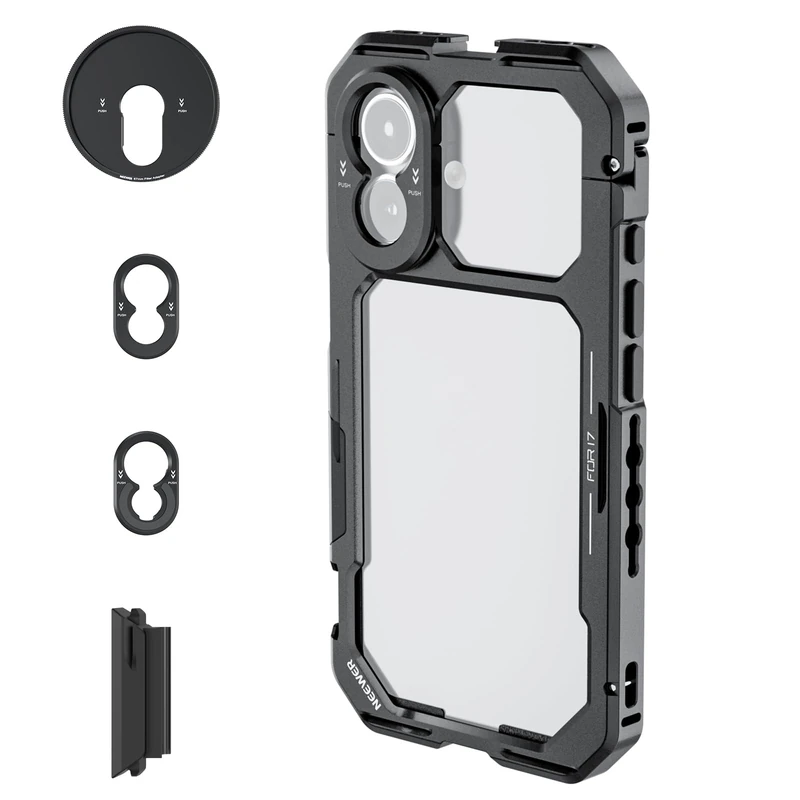 NEEWER Phone Cage Compatible with iPhone 17 Only, Quick Release Video Rig Stabilizer Accessories Kit with 67mm Filter Ring, 17mm Lens Backplate, T Mount Adapter, Camera Control Cap, PA158 (Black)
