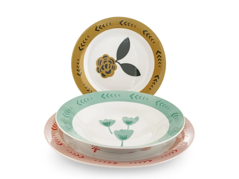 H&H Soft Bloom Porcelain Dinner Set Decorated Wing Shape 18 Pieces - 6 Dinner Plates 27 cm, 6 x 20 cm Bases, 6 x Fruit 19.5 cm - Dishwasher and Microwave Safe
