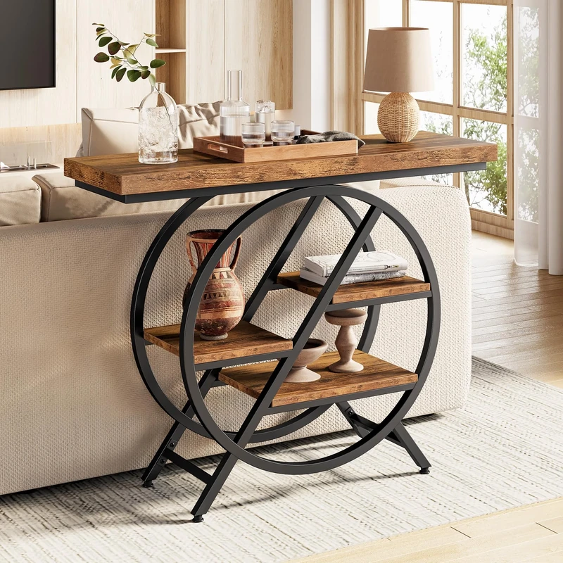 LITTLE TREE Industrial Console Table for Entryway, 39.37" Narrow Sofa Table Behind Couch, 4-Tier Storage with Metal Frame, Rustic Accent Table for Living Room, Foyer, Hallway