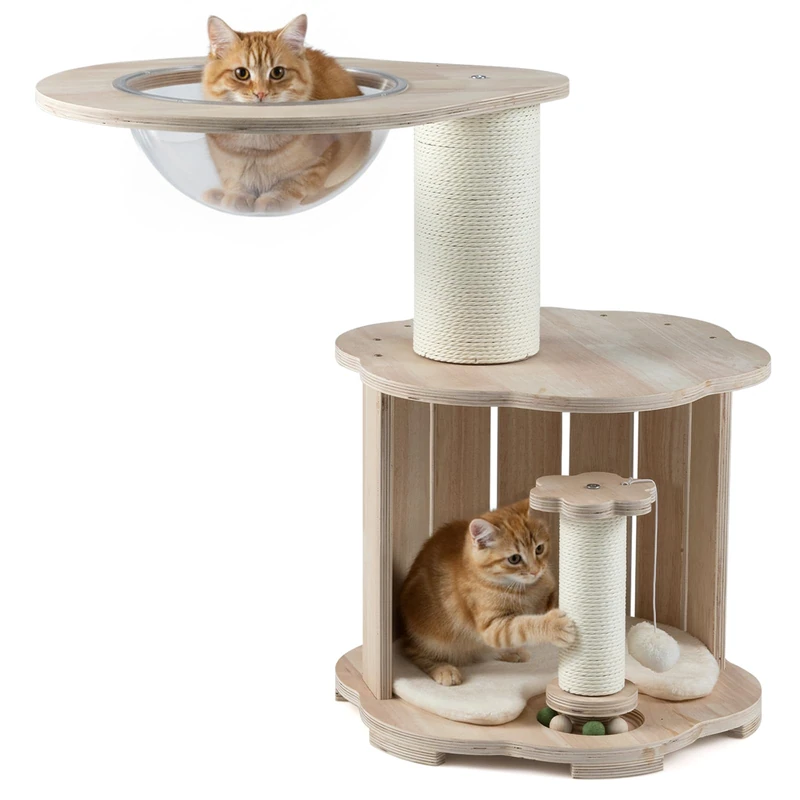 GYMAX Small Cat Tower, 73cm Cat Tree with Scratching Posts, Condo, Transparent Space Capsule & Toy Ball, 3-Tier Wooden Kitty Activity Center for Indoor Kittens