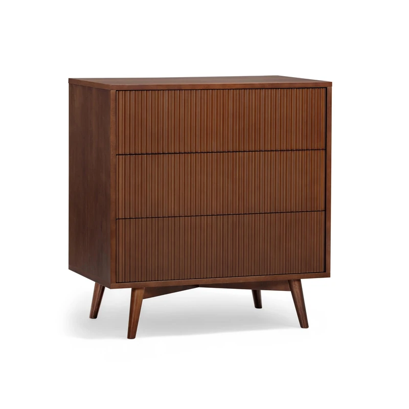 Teamson Home Tremolo Bedroom Dresser Chest of Drawers with 3 Push-Open Drawers, Fluted Wood Detailing and Veneer Finish Walnut, Walnut