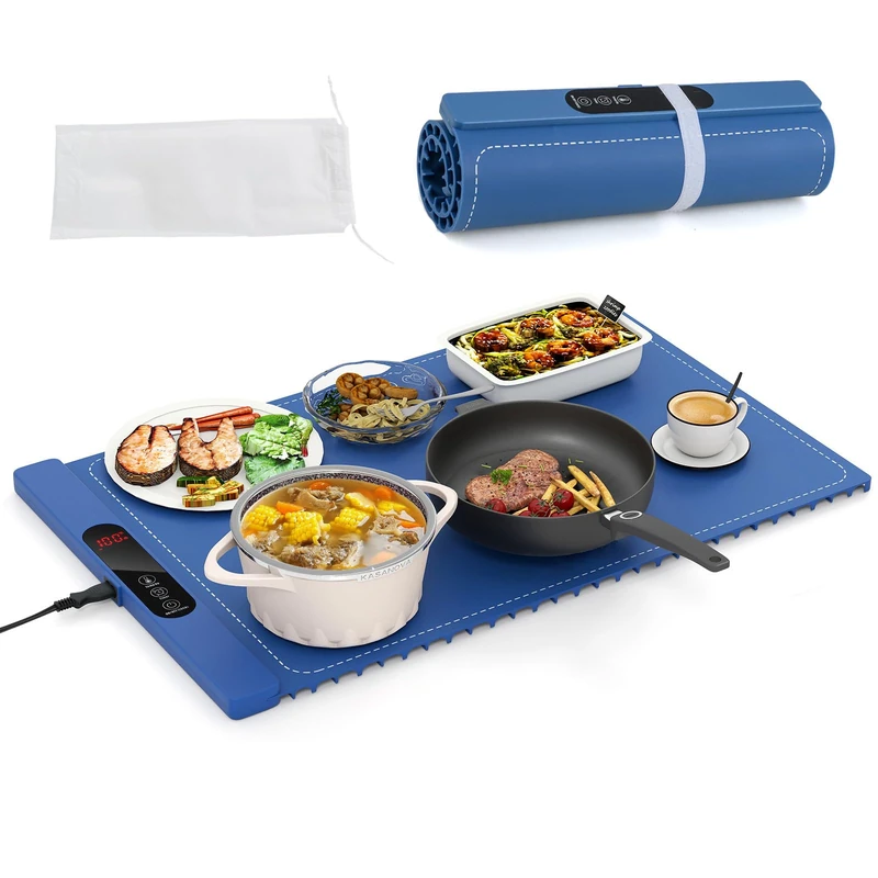 GiantexUK Roll Up Food Warming Mat, Silicone Electric Warming Tray with 3/6 Temperature Settings, 3/5 Timers & Child Lock, Portable Food Warmer Heating Mat for Dinner Party (Blue, 61x38cm)
