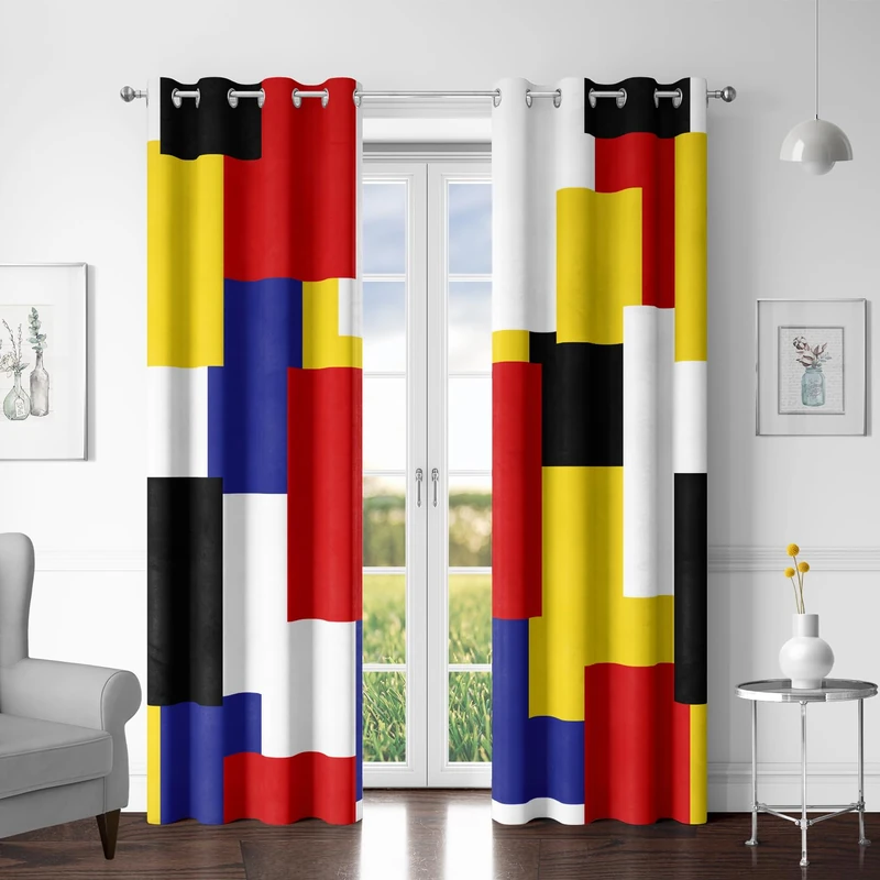 Tyrot Colorful 100% Blackout Curtains for Bedroom 96 inch Long 2 Panels Set Red Yellow Modern Abstract Geometric Black Out Curtains Insulated Room Darkening Window Drapes for Living Room, 52Wx96L