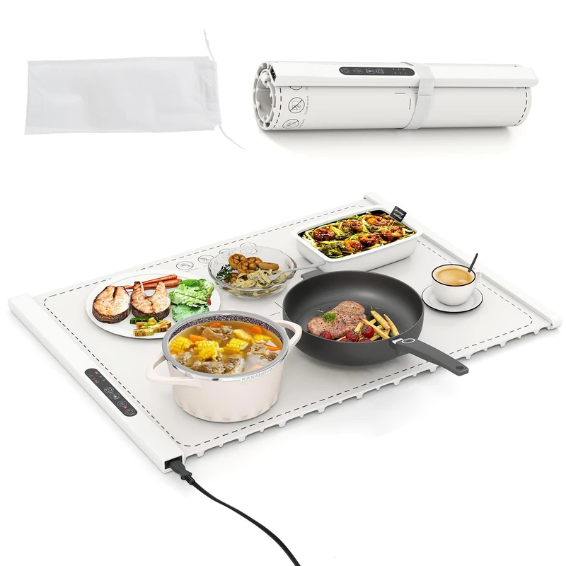 GiantexUK Roll Up Food Warming Mat, Silicone Electric Warming Tray with 3/6 Temperature Settings, 3/5 Timers & Child Lock, Portable Food Warmer Heating Mat for Dinner Party (Beige, 60x44cm)