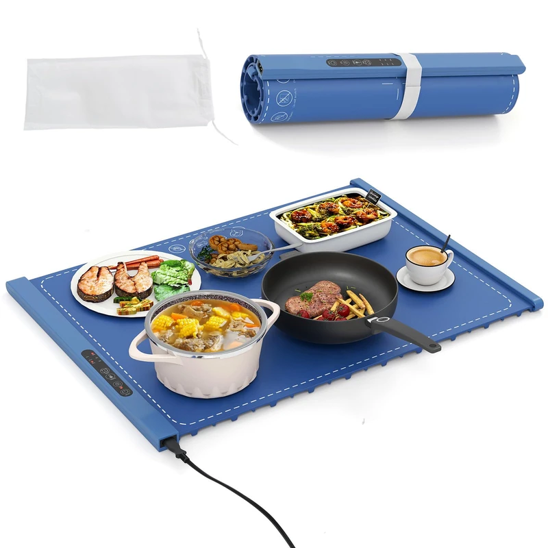 GiantexUK Roll Up Food Warming Mat, Silicone Electric Warming Tray with 3/6 Temperature Settings, 3/5 Timers & Child Lock, Portable Food Warmer Heating Mat for Dinner Party (Blue, 60x44cm)